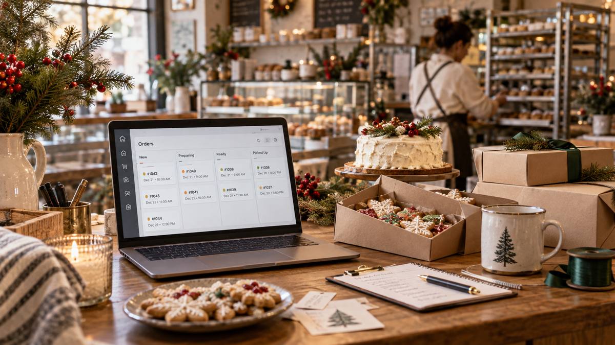 Bakery owner managing orders with a laptop and packaging boxes.