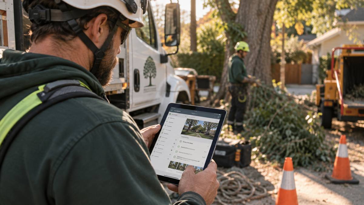 Tree service worker in safety gear at a job site.